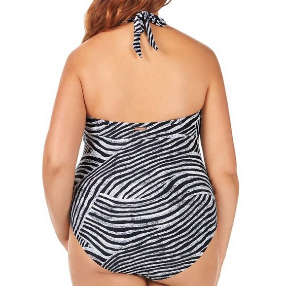 Raisins Curve Black Swimsuit Plus Size 14W One Piece White Zebra Print Side Tie - Picture 2 of 12